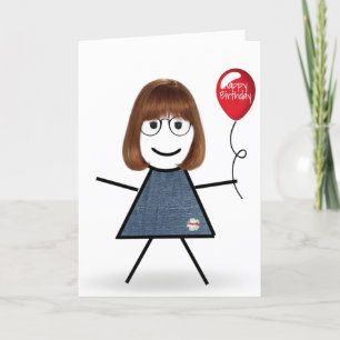 Carte Anniversaire Stick Girl avec Balloon rouge