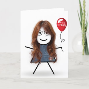 Carte Anniversaire Stick Girl avec Balloon rouge