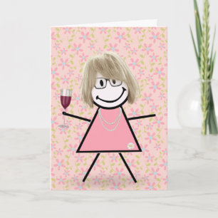 Carte Anniversaire Stick Girl Avec Vin Rouge