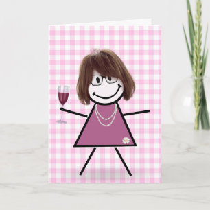 Carte Anniversaire Stick Girl Avec Vin Rouge