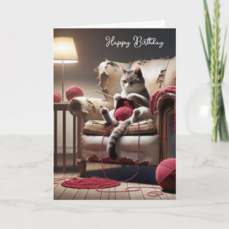 Carte Anniversaire Tricot Chat Dans Ancienne Chaise