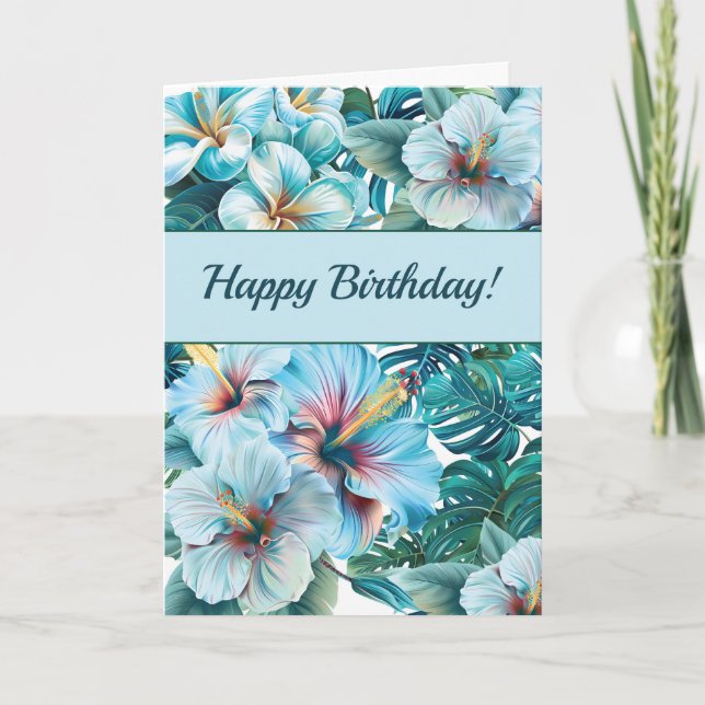 Carte Anniversaire tropical avec Feuilles d'Hibiscus ble (Devant)
