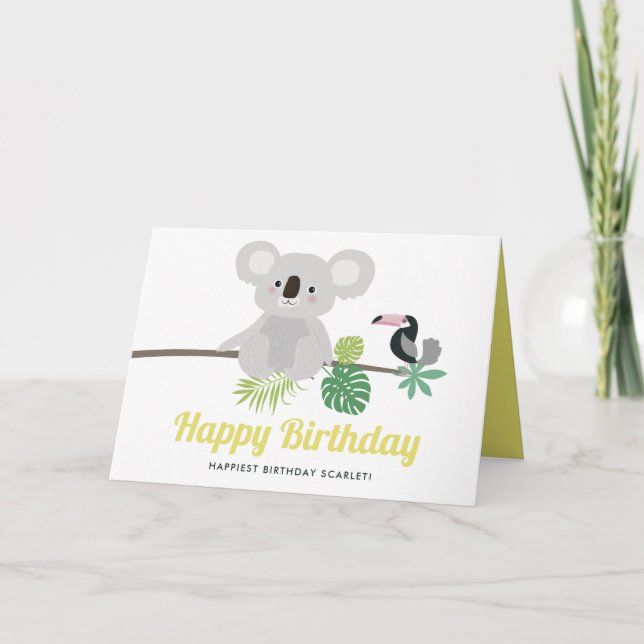Carte Anniversaire tropical mignon de koala et de toucan (Devant)