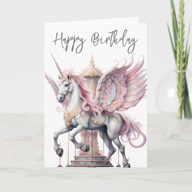 Carte Anniversaire Unicorne Pegasus Carousel Cheval rose (Devant)