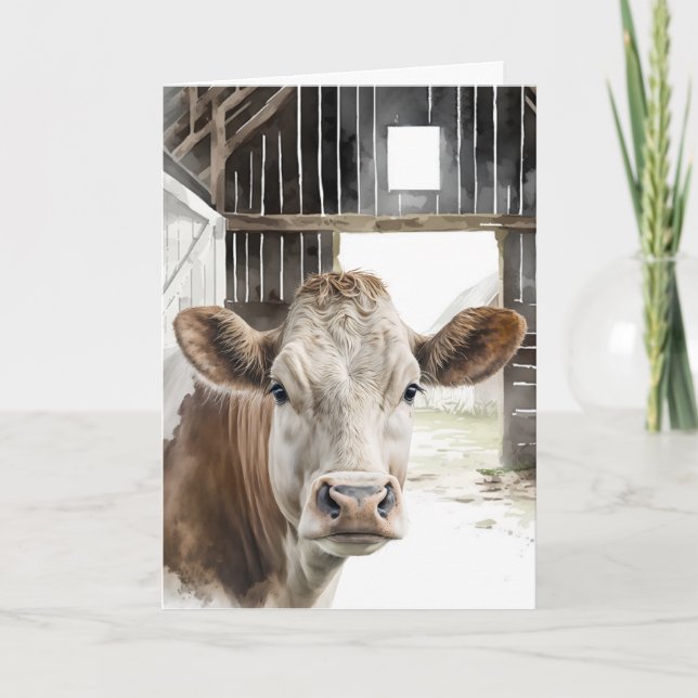 Carte Anniversaire Vache Hereford Dans Une Grange (Devant)