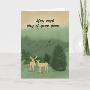Carte Anniversaire Vert paysage Cerf avec arbres À feuil
