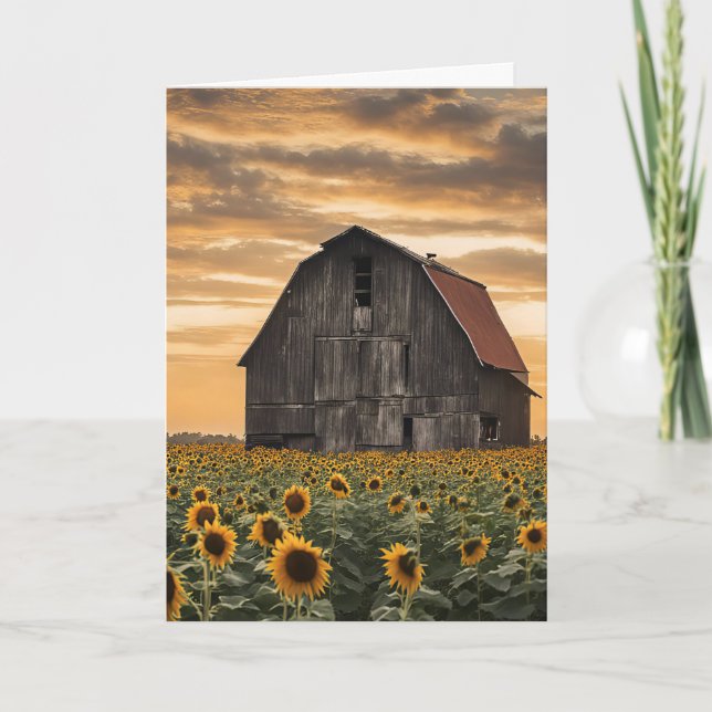 Carte Anniversaire Vieille Grange Avec Fleurs de Soleil (Devant)