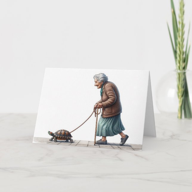 Carte Anniversaire Vielle dame Marcher une tortue (Devant)