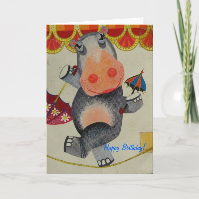 Carte Anniversaire vintage d'hippopotame (Devant)