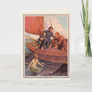 Carte Anniversaire Vintage marins Mermaid Catch