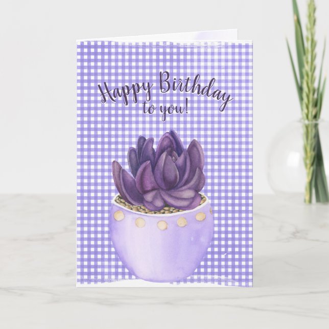 Carte Anniversaire Violet Pot Succulent sur En vichy (Devant)