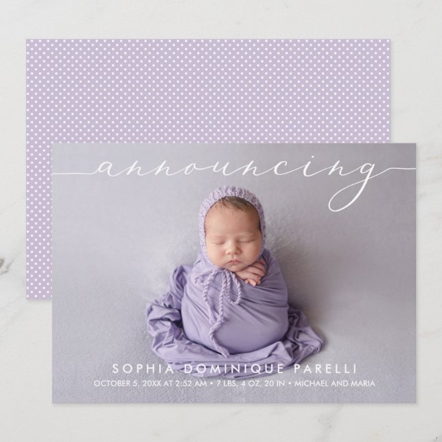 Carte Annonce de photos de naissance de bébé fille annon (Devant / Derrière)