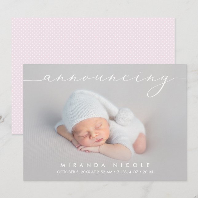 Carte Annonce de photos de naissance de bébé fille annon (Devant / Derrière)