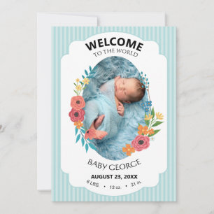 Carte annonces de naissance personnalisées fleurs bleues