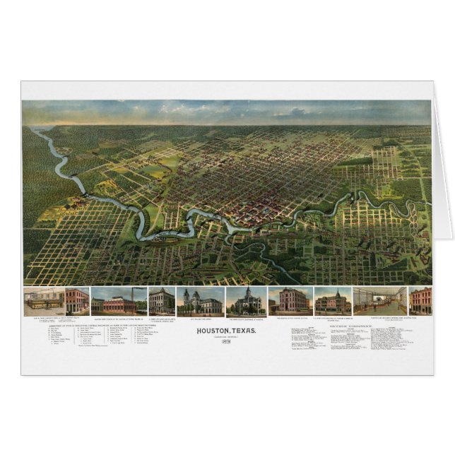 Carte antique de Houston, Texas avec la rivière Bu (Devant horizontal)