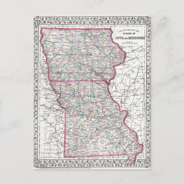 Carte antique de l'Iowa & Missouri vers 1874 (Devant)