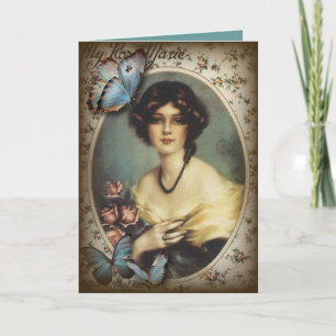 Carte Antique papillon Floral parisien fille victorienne