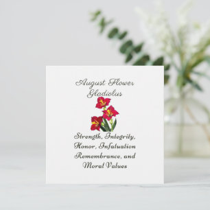 Carte Août Mois de naissance Fleur Gladiolus Cadeau de n