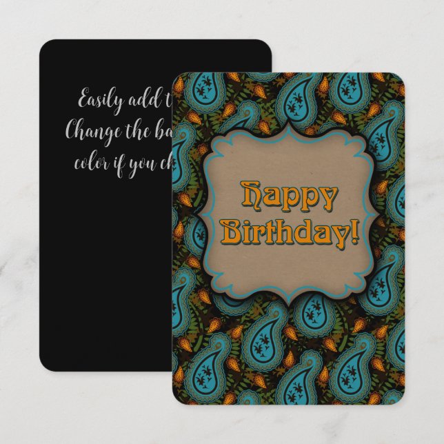 Carte Aqua Black Paisley Anniversaire Élégance (Devant / Derrière)