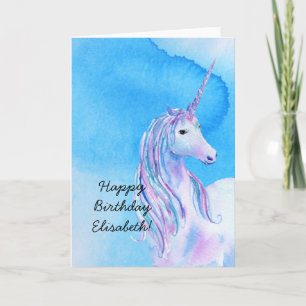Carte Aqua Blue Personalized Watercolor Unicorn Birthday
