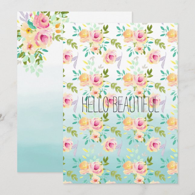 Carte Aqua Ombre rose jaune floral (Devant / Derrière)