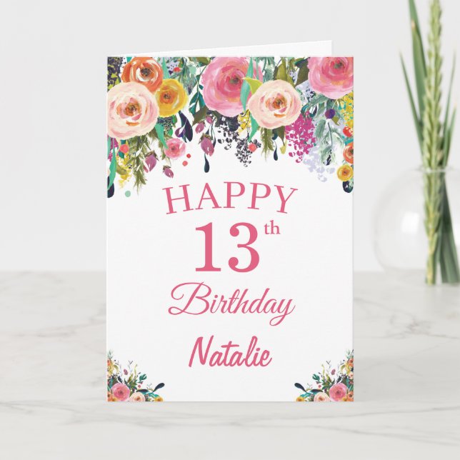 Carte Aquarelle 13e anniversaire Fleurs florales rose (Devant)