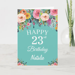 Carte Aquarelle 23e anniversaire Fleurs florales Turquoi