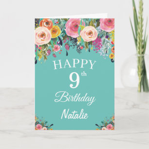 Carte Aquarelle 9e anniversaire Fleurs florales Turquois