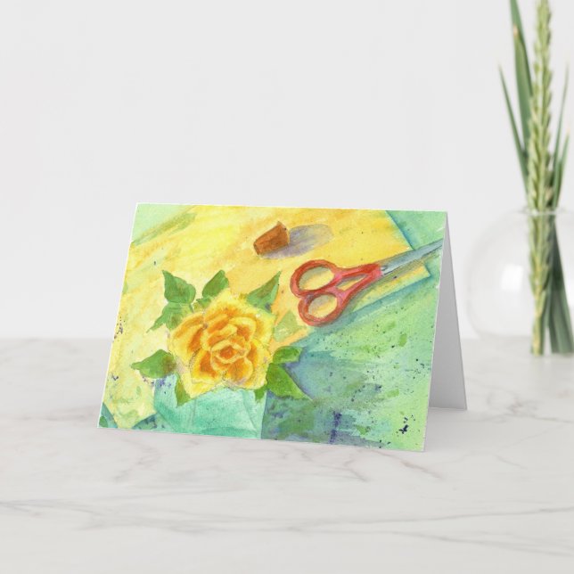 Carte Aquarelle à coudre de rose jaune Joyeux anniversai (Devant)