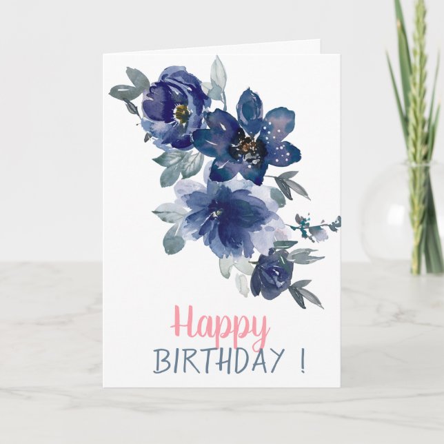 Carte Aquarelle adorable Fleurs Bleues Anniversaire (Devant)