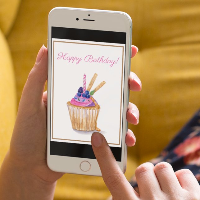 Carte Aquarelle Anniversaire Berry Cupcake Avec Bougie (Instantly sweeten their day with this lovely cupcake card.)