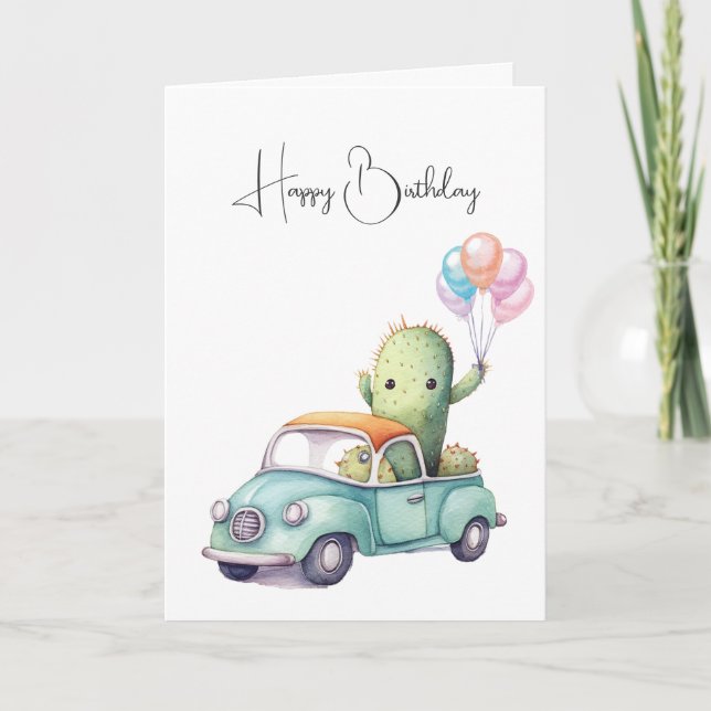 Carte Aquarelle Anniversaire Cactus En Camion Rétro (Devant)