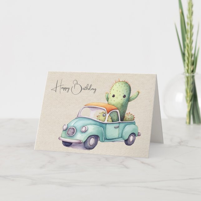 Carte Aquarelle Anniversaire Cactus En Camion Rétro (Devant)
