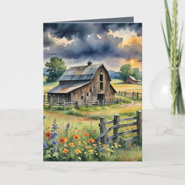 Carte Aquarelle Anniversaire Grange avec Fleur sauvage (Devant)
