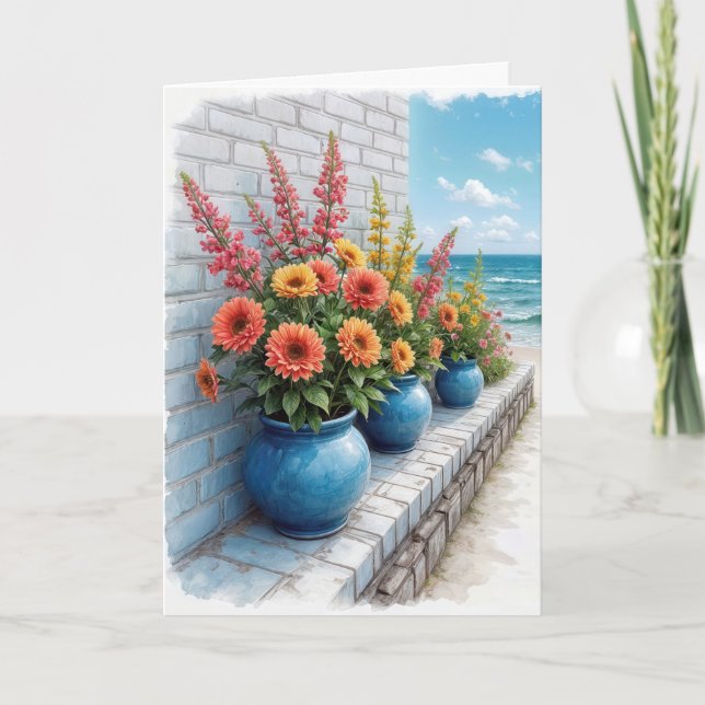 Carte Aquarelle Anniversaire Plage Dahlias (Devant)