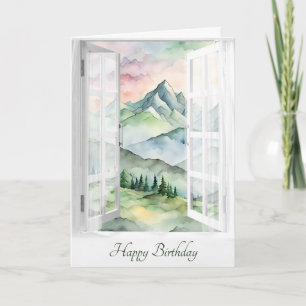 Carte Aquarelle Anniversaire Vue Montagne dans la fenêtr