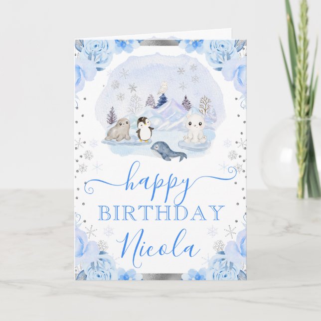 Carte Aquarelle Arctic Animaux Floraux Anniversaire (Devant)