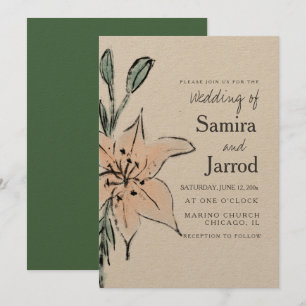 Carte Aquarelle Art Linéaire Fleurs Lys Kraft Mariage En