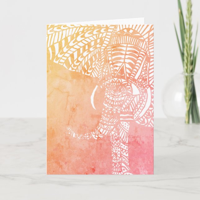 Carte Aquarelle Aztec Elephant Outline rose orange (Devant)