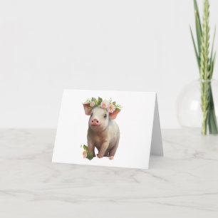 Carte Aquarelle Baby Piglet avec Fleurs sur tête BLANC