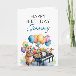 Carte Aquarelle Ballons colorés Animaux Piano Anniversai