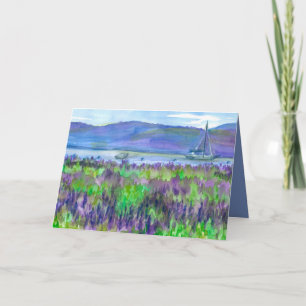Carte Aquarelle bateau à voile Lupines Joyeux anniversai