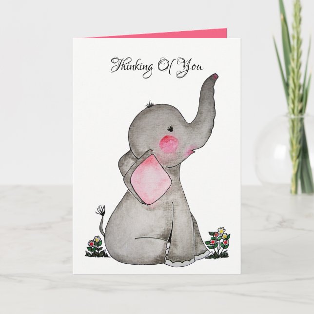Carte Aquarelle Bébé mou Eléphant Avec Blush & fleurs (Devant)