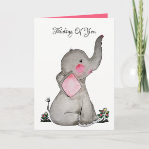 Carte Aquarelle Bébé mou Eléphant Avec Blush & fleurs