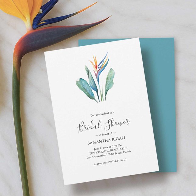 Carte Aquarelle Bird of Paradise Fête des mariées (Bridal shower luncheon invitations tropical bird of paradise art Victoria Grigaliunas DoTellABelle)