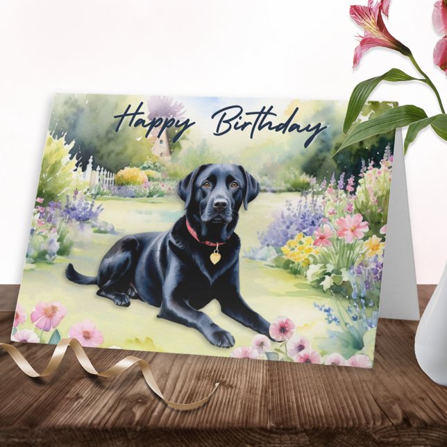 Carte Aquarelle Black Labrador Chien Joyeux anniversaire (A birthday card with illustration of a black labrador in a watercolor style)
