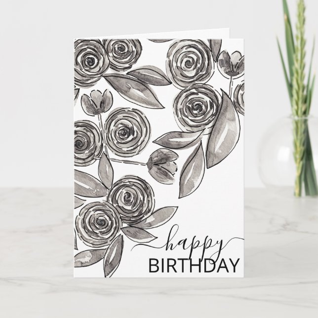 Carte Aquarelle blanche et noire chic, joyeux anniversai (Devant)