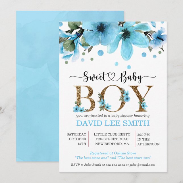 Carte Aquarelle bleu clair et or baby shower garçon (Devant / Derrière)