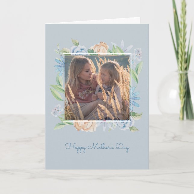 Carte Aquarelle bleu doux Sketched Floral Mother's Day (Devant)