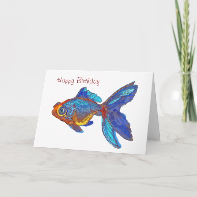 Carte Aquarelle Bleu et Or Poisson Anniversaire (Devant)
